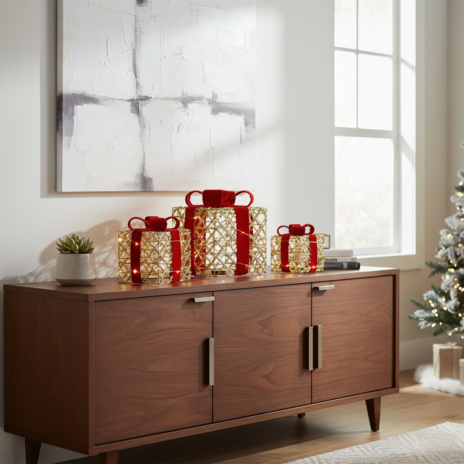 DICTROLUX - Set Pacchi Regalo Luminosi Rosso e Oro 60 LED Bianco Caldo